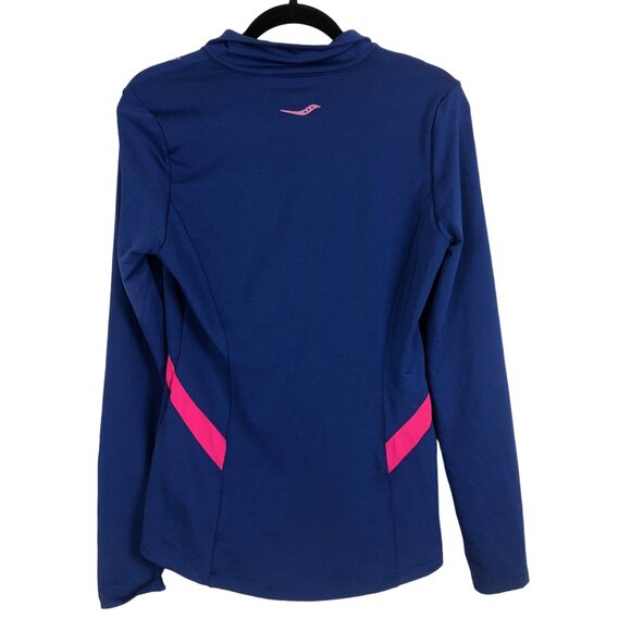 Saucony Quarter Zip Pullover Activewear Top Medium Blue Pink Accents Thumbholes - Picture 8 of 8